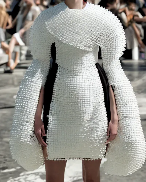 Image similar to olivia at the new york fashion week, wearing an outfit made of frisbees, black hair, freckles, pale skin, photo by greg rutkowski, harsh shadows, bright lighting, female beauty, intricate detail, elegance, sharp shapes, masterpiece