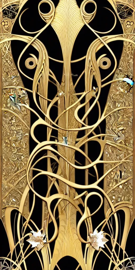 Image similar to the source of future growth dramatic, elaborate emotive Art Nouveau styles to emphasise beauty as a transcendental, seamless pattern, symmetrical, large motifs, hyper realistic, 8k image, 3D, supersharp, Art nouveau curves and swirls, metallic reflective surfaces, glittery iridescent and black colors with gold accents, perfect symmetry, iridescent, High Definition, sci-fi, Octane render in Maya and Houdini, light, shadows, reflections, photorealistic, masterpiece, smooth gradients, high contrast, no blur, sharp focus, photorealistic, insanely detailed and intricate, cinematic lighting, Octane render, epic scene, 8K