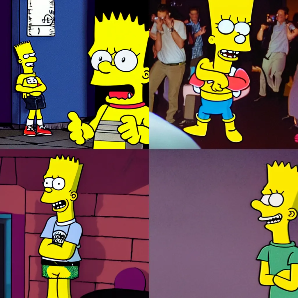 Prompt: realistic Bart Simpson confused in a nightclub