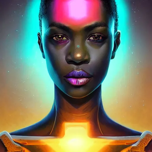 Image similar to african neon necromancer, science fiction, highly detailed, digital painting, beautiful eyes, symmetry, concept art, sharp focus, illustration, global illumination, radiant light, synthwave colors, detailed and intricate environment, art by artgerm and greg rutkowski and magali villeneuve and ilya kuvshinov!