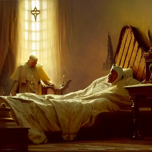 Image similar to the catholic pope in his bed, scared, because a horned demon is attacking the pope. highly detailed painting by gaston bussiere, greg rutkowski, craig mullins 8 k