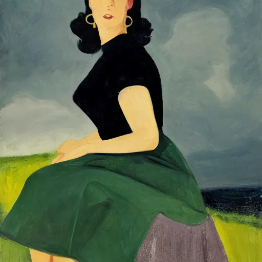 Image similar to a portrait of a young woman from the fifties, seated in front of a landscape background, her black hair is a long curly, she wears a dark green dress, pleated in the front with yellow sleeves, puts her right hand on her left hand, oil painting