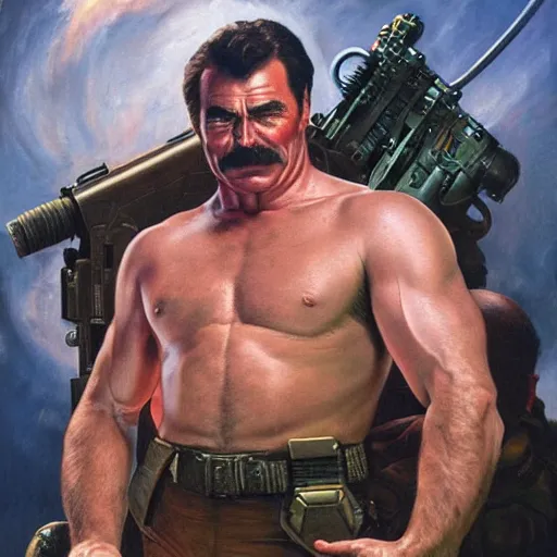 Prompt: ultra realistic portrait painting of tom selleck as doomguy, art by frank frazetta, 4 k, ultra realistic, highly detailed, epic lighting