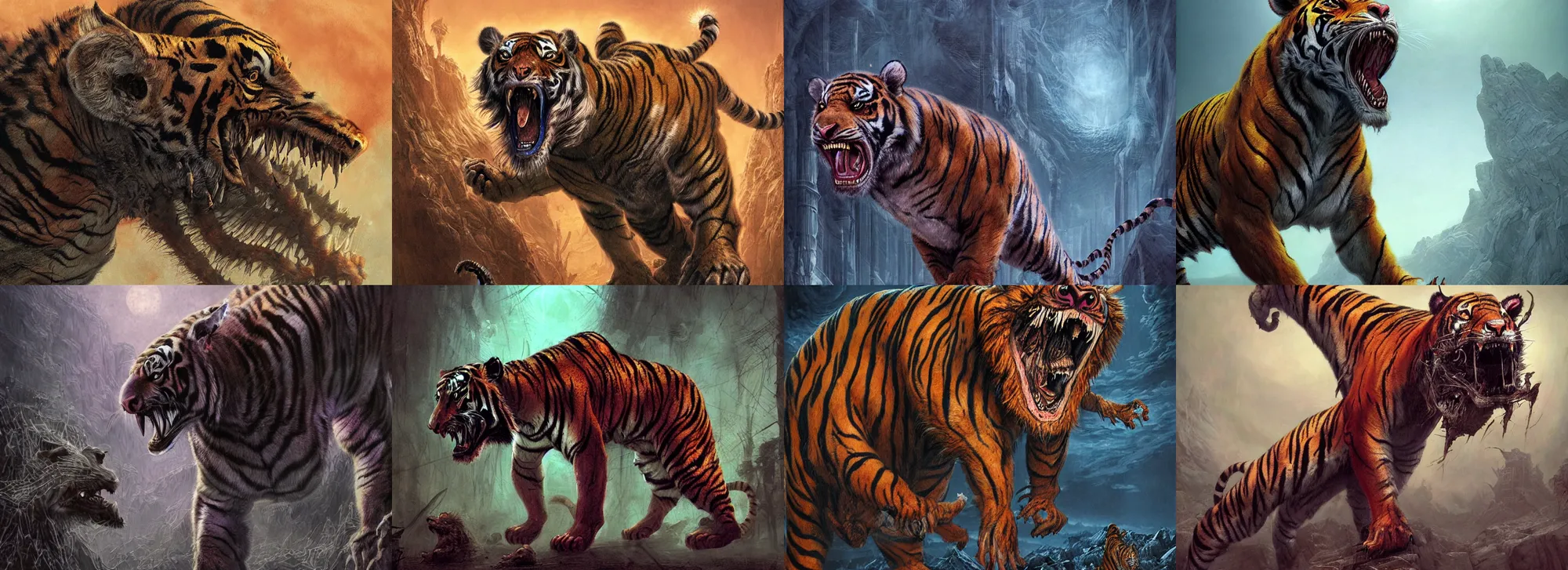 Prompt: a nightmarish mutated tiger beast, staring hungrily, by neville page and wayne barlowe, ( ( ( horror art ) ) ), wide angle, dramatic lighting, highly detailed digital painting