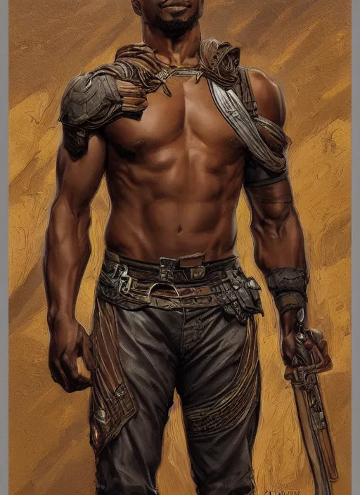 Image similar to a ruggedly handsome african american hero, intricate, elegant, highly detailed, centered, digital painting, artstation, concept art, smooth, sharp focus, illustration, art by artgerm and donato giancola and Joseph Christian Leyendecker