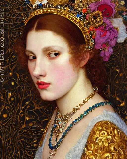 Image similar to a close up of beautiful girl wearing a crown wearing and golden jewellery surrounded by colourful intricate patterns, by edgar maxence and caravaggio and michael whelan, intricate painting, hyper realistic, extremely detailed and beautiful aesthetic face, 8 k resolution