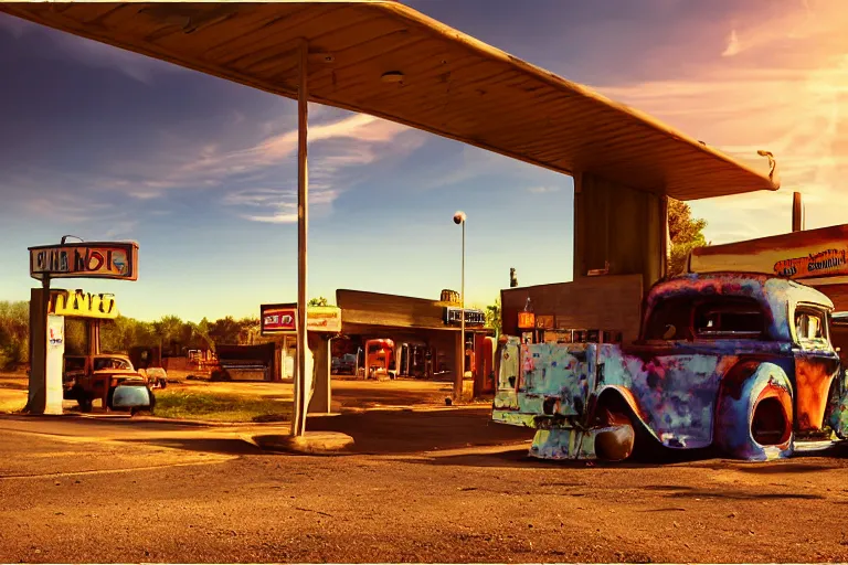 Image similar to a sunset light landscape with historical route 6 6, lots of sparkling details and sun ray ’ s, blinding backlight, smoke, volumetric lighting, colorful, octane, 3 5 mm, abandoned gas station, old rusty pickup - truck, beautiful epic colored reflections, very colorful heavenly, softlight