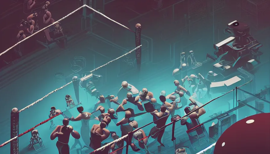 Image similar to a beautiful highly detailed vector illustration close up of a boxing match with robots in a factory, punk styling by atay ghailan, cliff chiang, loish and goro fujita, silver, silver, brown, black, blue and cyan tones, featured on artstation, featured on behance, grunge aesthetic