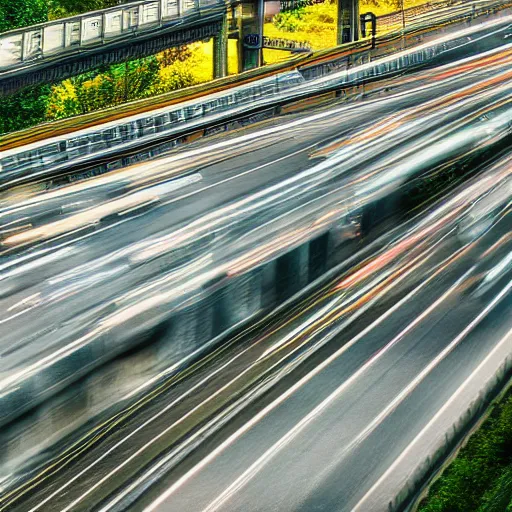 Prompt: a stunning aesthetic wallpaper of a highway full of traffic with a train track and bus lane, photograph, 8 k, motion blur, soft focus, cinematic lighting, trending on flicker.