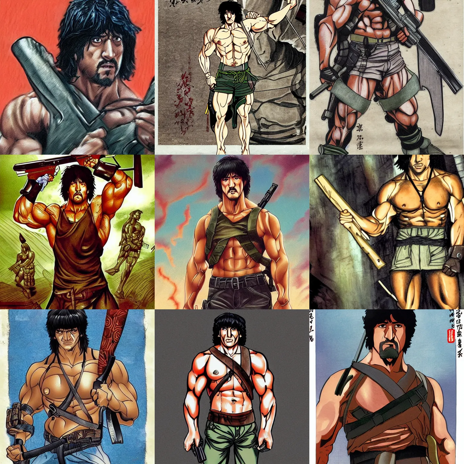 Prompt: john rambo, korean art nouveau anime, emphasis on musculature and detail