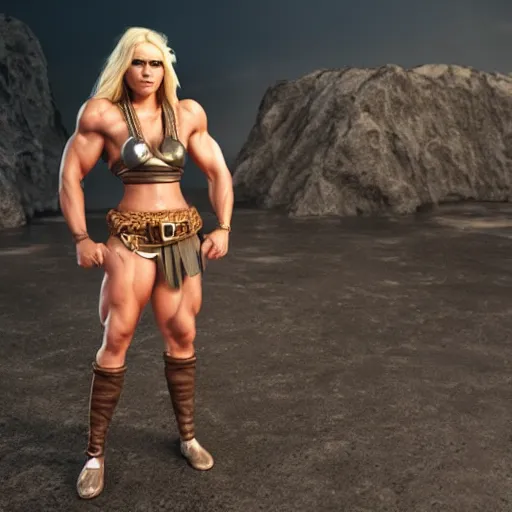 Image similar to a handsome bodybuilder viking girl with blond hair, clash royal style characters, unreal engine 5, octane render, detailed, cinematografic, cinema 4 d