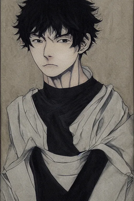 Prompt: portrait of young man wearing black medical mask, style of kentaro miura