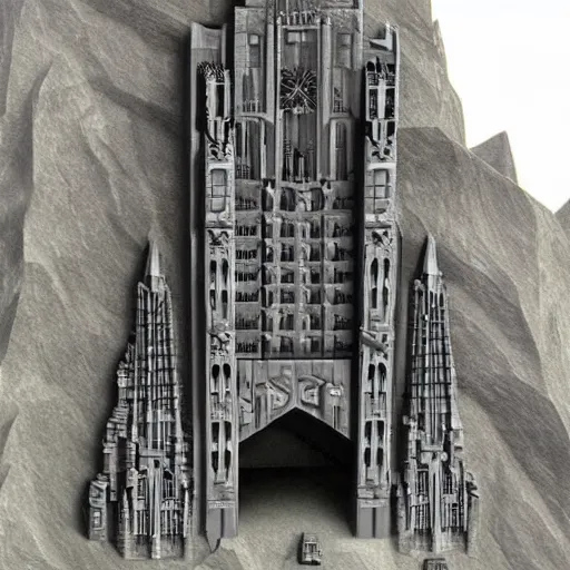 Prompt: colossal gothic dystopian sci-fi skyscraper apartment carved inside gray granite canyon, sapphire gothic stairs carved into the canyon, gothic stairs in front of the buliding and around it, many gothic people climbing up and down stairs, gothic medieval palace castle ornaments, isometric