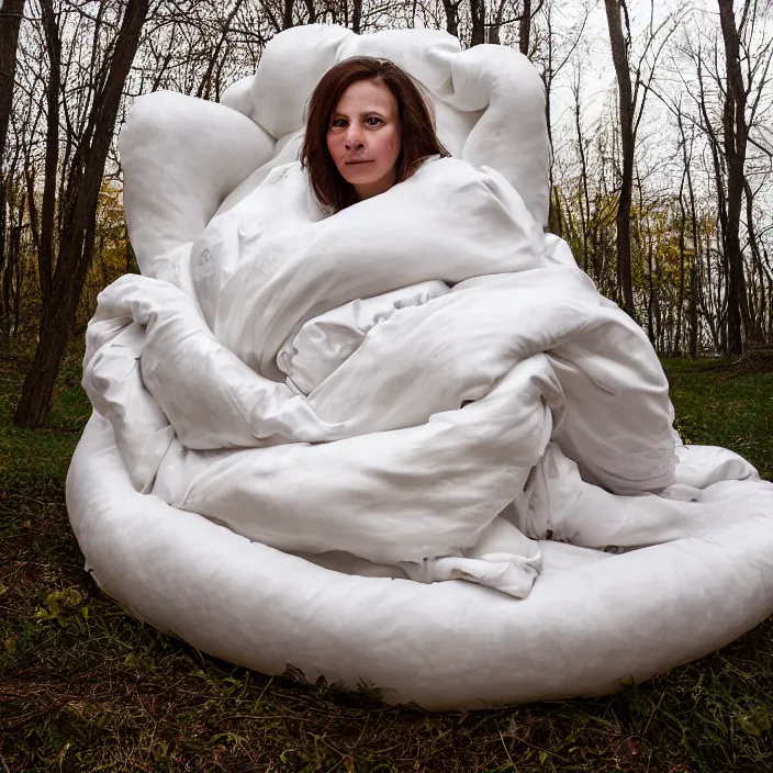 Image similar to a color photograph, closeup portrait of a woman wrapped in foam, sitting in a plastic throne, in cuyahoga valley national park in ohio, color photograph, by vincent desiderio, canon eos c 3 0 0, ƒ 1. 8, 3 5 mm, 8 k, medium - format print