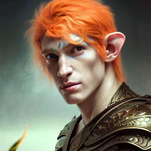 Image similar to portrait painting of a young elven man with a soft face and short light orange hair and tribal tattoos on his face wearing feather armor, ultra realistic, concept art, intricate details, eerie, highly detailed, photorealistic, octane render, 8 k, unreal engine. art by artgerm and greg rutkowski and charlie bowater and magali villeneuve and alphonse mucha