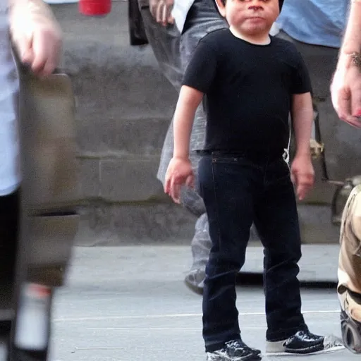 Image similar to full body candid paparazzi photo of tom cruise as a midget, short dwarf sized tom cruise