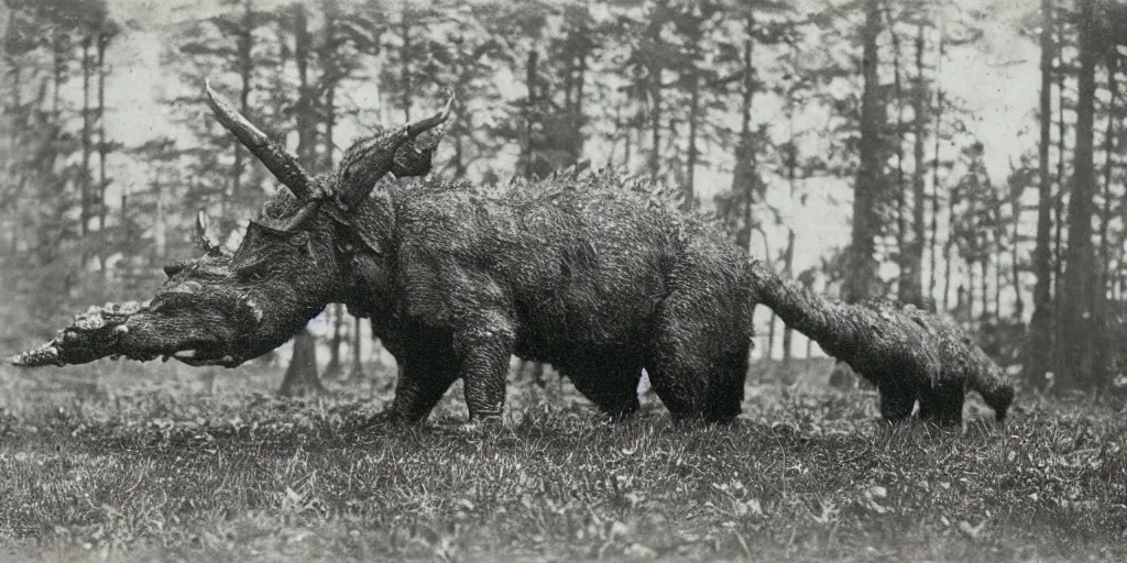 Prompt: the rhinelander hodag, cryptid, 1 9 0 0's photography, caught in the wild