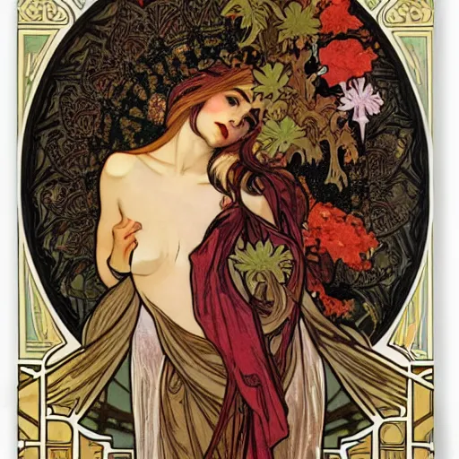 Image similar to persephone as goddess of death, painted by alphonse mucha