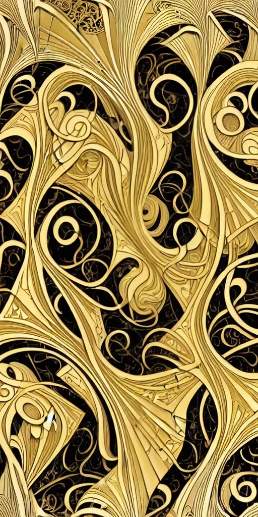 Image similar to the source of future growth dramatic, elaborate emotive Art Nouveau styles to emphasise beauty as a transcendental, seamless pattern, symmetrical, large motifs, hyper realistic, 8k image, 3D, supersharp, Flying shiny silk fabric in Art nouveau curves spirals and swirls, iridescent and black and gold colors , perfect symmetry, iridescent, High Definition, sci-fi, Octane render in Maya and Houdini, light, shadows, reflections, photorealistic, masterpiece, smooth gradients, no blur, sharp focus, photorealistic, insanely detailed and intricate, cinematic lighting, Octane render, epic scene, 8K