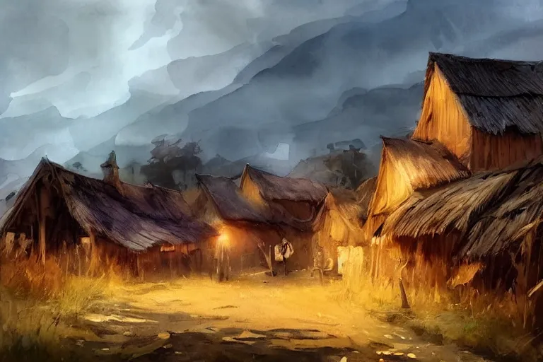 Image similar to paint brush strokes, abstract watercolor painting of rustic village at dusk, straw roof, viking town, lantern, ambient lighting, art by hans dahl, by jesper ejsing, art by anders zorn, wonderful masterpiece by greg rutkowski, cinematic light, american romanticism by greg manchess, creation by tyler edlin