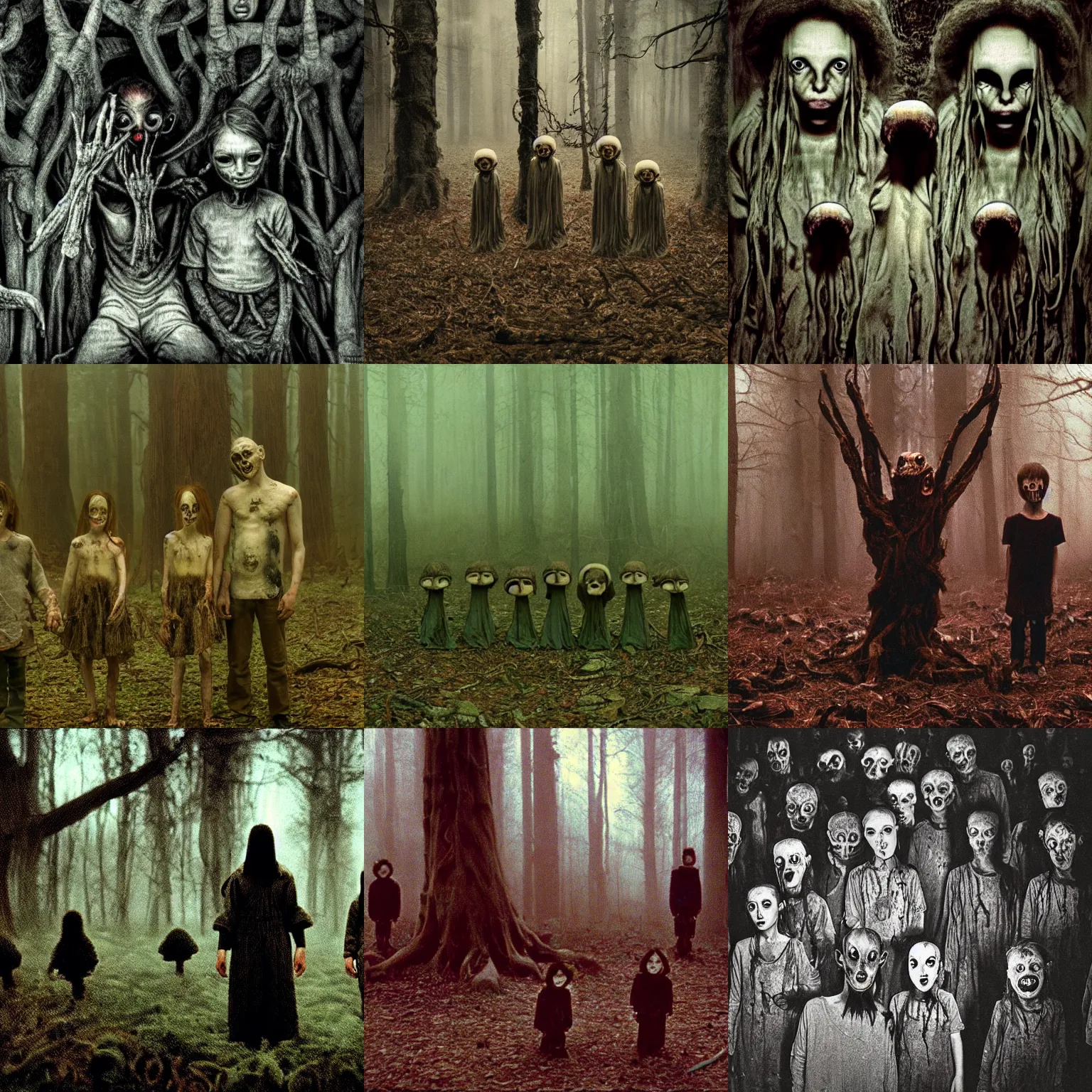 Prompt: demonic mushroom children, critical moment, terrifying tortured tree monsters with distorted pained faces made of bark, lovecratftian horror, pans labyrinth, liminal, nightmare inducing, unsettling found footage, haunted, low quality grainy, foggy, shot on expired kodak film