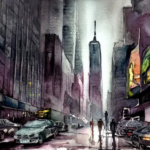 Image similar to post apocalyptic new york city. watercolor. highly detiled. spooky atmosphere.