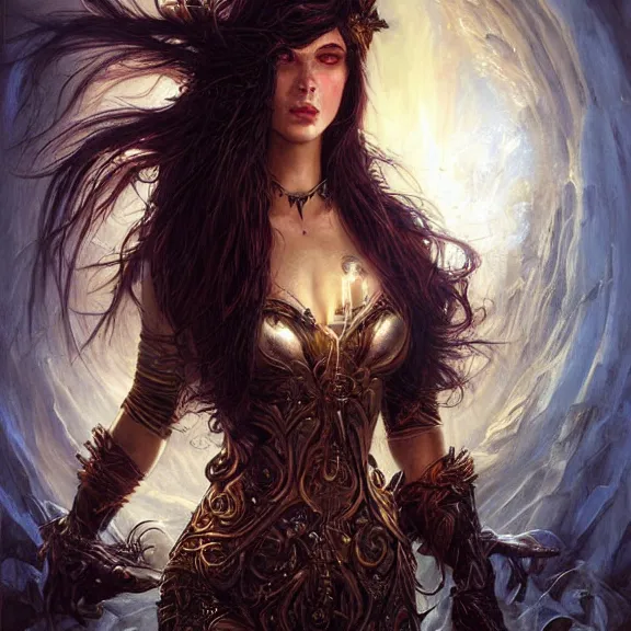 Prompt: a higly detailed painting of a sorceress with piercing beautiful eyes, dark dungeon setting, dynamic lighting, ambient lighting, deviantart, art by artgerm and karol bak and mark brooks