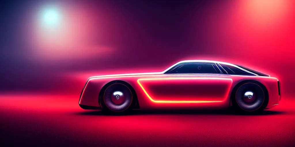 Image similar to future rolls royce car with red neon, 2 0 5 0 sci - fi, full frame, dark and mysterious, atmospheric, ominous, eerie, cinematic light, epic, 8 k 3 d, ultra detail, ultra realistic, by wlop, by mucha, by giger