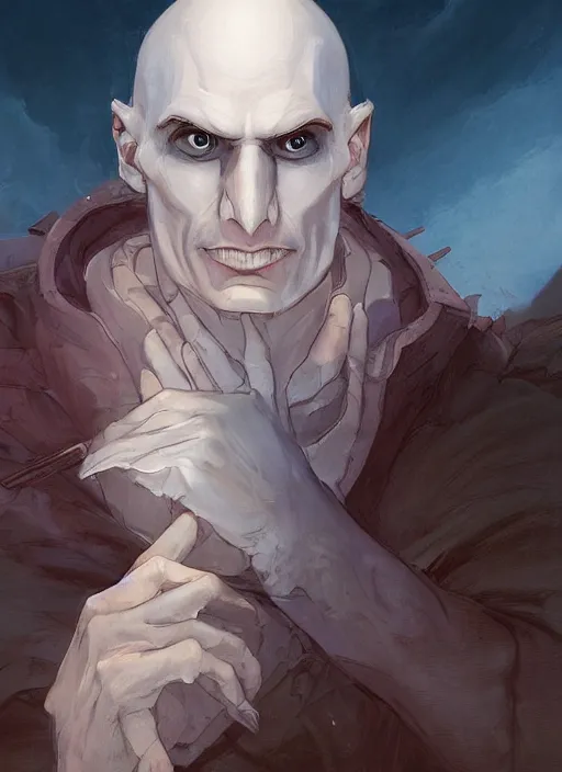 Image similar to a portrait of a male character with only flat nostrils instead of his nose of Voldemort in a scenic environment by Ross Tran and by Jesper Ejsing and by Mikalojus Konstantinas Ciurlionis