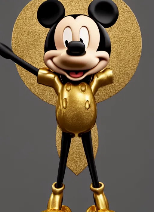 Prompt: stylized gold onyx ornate statue full body made of marble of disney character mickey mouse, perfect symmetrical body, perfect symmetrical face, hyper realistic, hyper detailed, by johannen voss, by michelangelo, octane render, blender, 8 k, displayed in pure white studio room