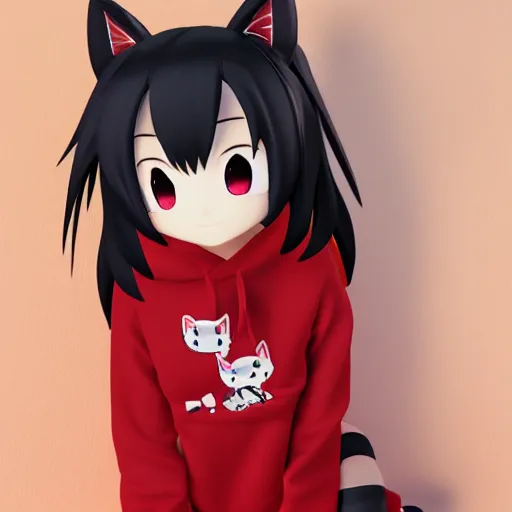 Image similar to cute fumo plush of a catgirl in a red hoodie, anime girl, animal ears, chibi, black and white, vray