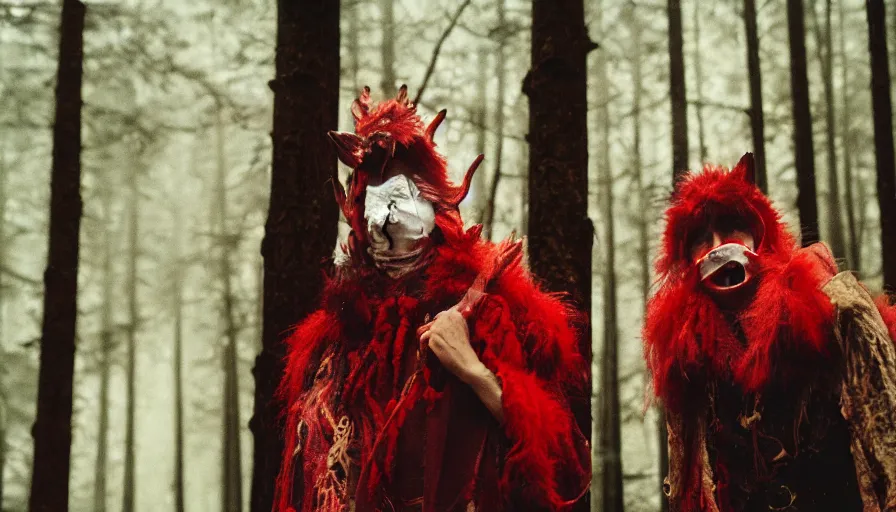 Prompt: high realistic photo portrait of esoteric tribes members with taxidermic flesh bloody jaw mask and elaborate red clothes in a foggy forest, cinestill 800t 35mm, heavy grain, high quality,