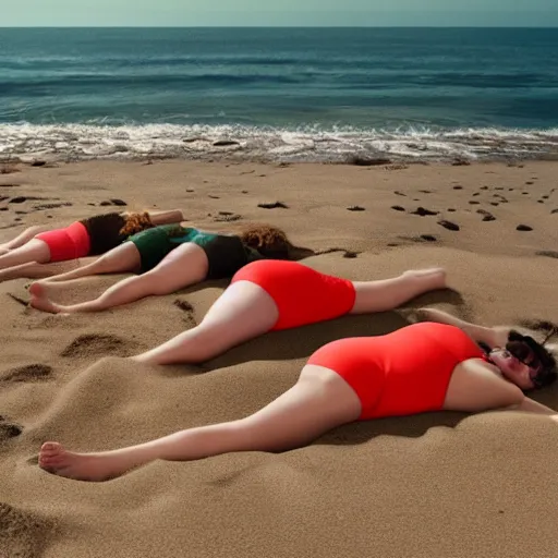 Image similar to photo of a giant ball of human bodies in bathing suits rolling down the beach in cronenburg style