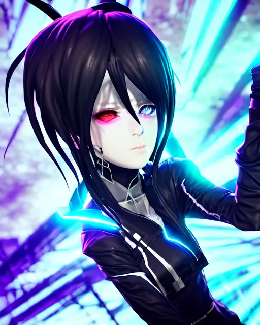 Image similar to beautiful portrait of black rock shooter facing the camera centered in the style of a code vein character, momo from twice in code vein in the style of WLOP, artgerm, yasutomo oka, rendered in unreal engine and redshift octane , background is surrounded by epic neon glitch effect digital art dynamic dramatic lighting, soft lighting, imagine fx, artstation, cgsociety, by Bandai Namco artist,