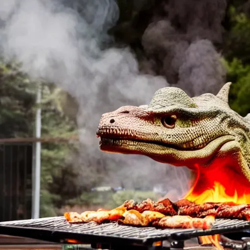 Prompt: photo of a chef roasting a realistic dinosaur on a grill