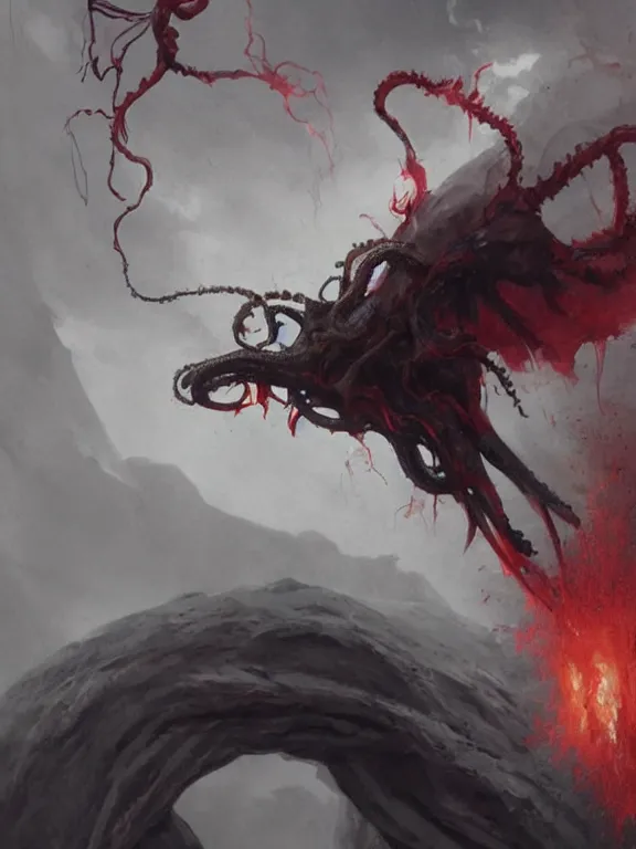 Image similar to painting by greg rutkowski of a flying sorrowful looking human head with tears running down it's eyes, face that is chalk white in color, with long sprawling white tentacles stemming down it's neck, fiery scorching red eyes, flying in a terrying hellish dark cavernous place