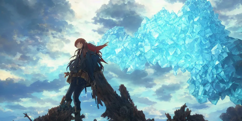 Image similar to isekai masterpiece anime man standing tree log looking up at colossal cyan crystals, high noon, cinematic, very warm colors, intense shadows, ominous clouds, anime illustration, anime screenshot composite background by mandy jurgens