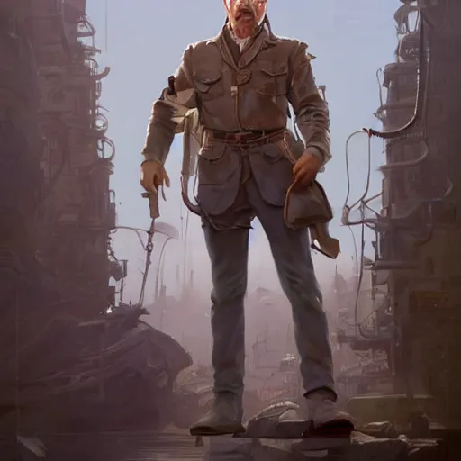 Image similar to a highly detailed epic cinematic concept art CG render digital painting artwork costume design: Errol Flynn as a 1950s sly engineer with a thick moustache. By Greg Rutkowski, Ilya Kuvshinov, WLOP, Stanley Artgerm Lau, Ruan Jia and Fenghua Zhong, trending on ArtStation, subtle muted cinematic colors, made in Maya, Blender and Photoshop, octane render, excellent composition, cinematic atmosphere, dynamic dramatic cinematic lighting, aesthetic, very inspirational, arthouse