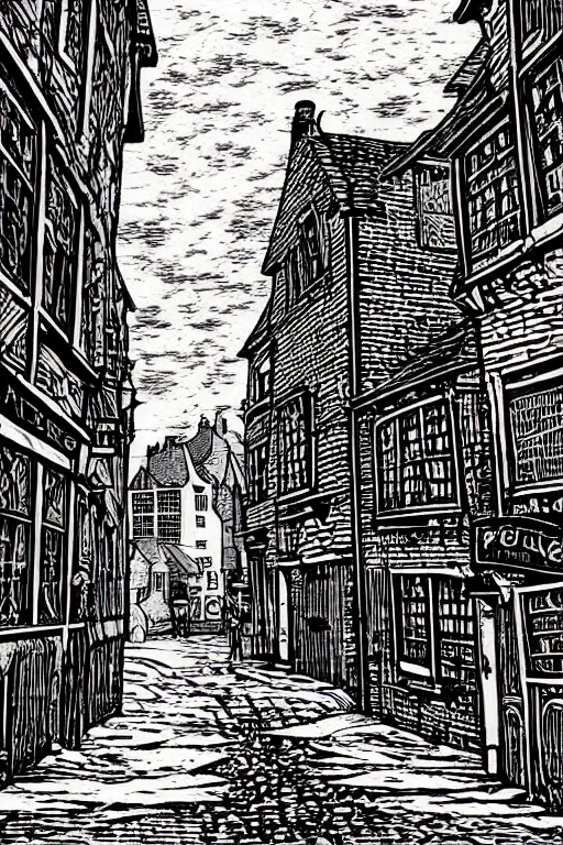 Image similar to a beautiful woodcut print of shambles and little shambles york, 8 k, frostbite 3 engine, cryengine, dof, trending on artstation, digital art, crepuscular ray, art by fossi _ images and tugboat printshop