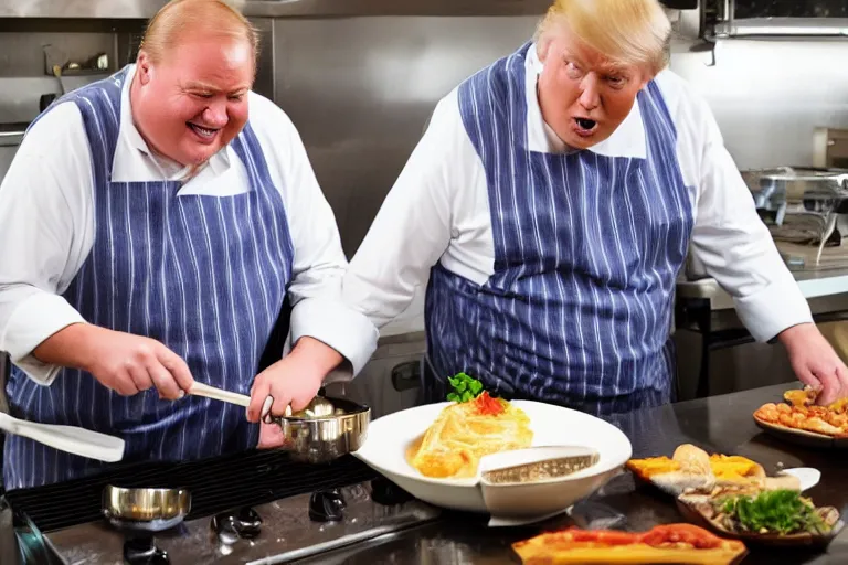 Prompt: high quality photo of fat Donald Trump working as a cook at a diner. He he is cooking on a griddle. He is smiling stupidly. Well lit