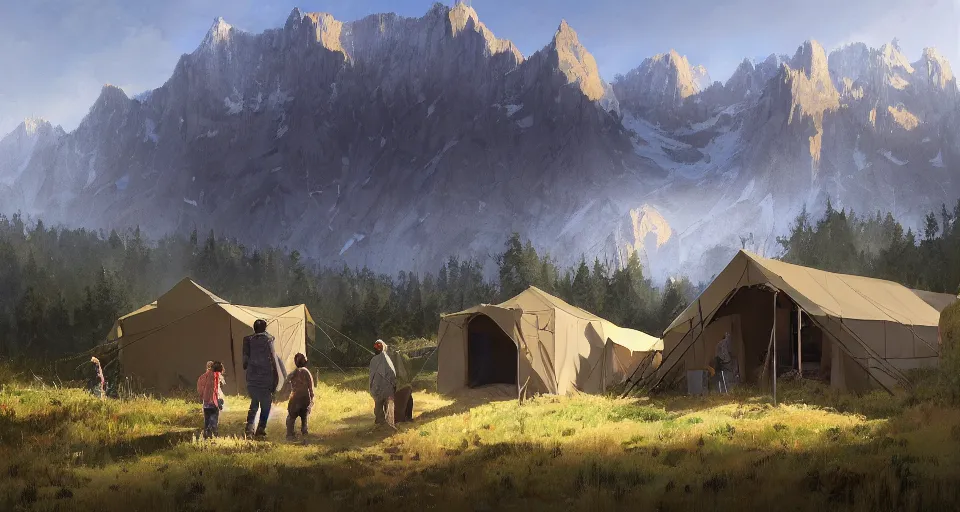 Image similar to cabela's beautiful comfortable modular insulated wall kit - house all weather family dwelling tent house, person in foreground, mountainous forested wilderness open fields, beautiful views, painterly concept art, joanna gaines, environmental concept art, farmhouse, magnolia, concept art illustration, by james gurney, by craig mullins, by greg rutkowski trending on artstation