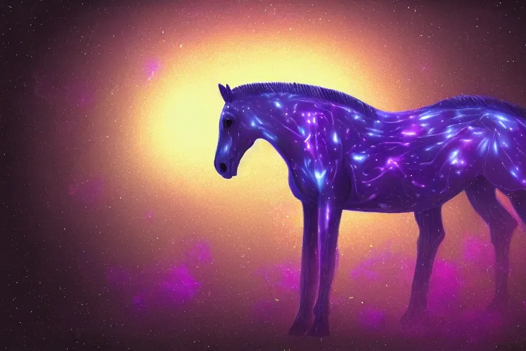 Prompt: a digital painting of a sad horse that's lost on an extraterrestrial planet, strange plants, purple lighting, night sky, glows,