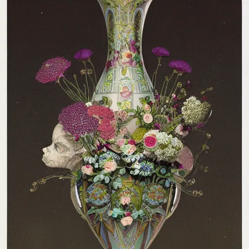 Prompt: A detailed render of a vase with flowers in it, plain background, by victo ngai, Zhelong Xu, Mucha, Ellen Jewett, Pascal Blanche, Liudmila Kirdiashkina, Nekro, Arsen Asyrankulov, Chun Lo