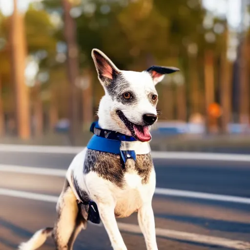 Image similar to blue heeler dog on a motorcycle, 8 k photography, blurred background of a wafflehouse