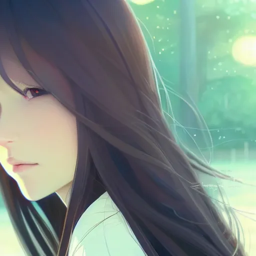 Image similar to a beautiful girl with long dark hair, sitting alone inside of a train, sharp focus, intricate, digital painting, artstation, official media, anime key visual, highly detailed, rich vivid colors, ambient lighting, illustration, art by Artgerm, Makoto Shinkai, Ilya Kuvshinov, Lois Van Baarle, and Rossdraws