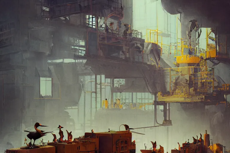 Image similar to A mixed media painting of a duck worker in front of a production line with little humans on it, by Frank Frazetta, Greg Rutkowski, Beeple, post-processing, low angle, masterpiece, cinematic, isometric, volumetric lighting