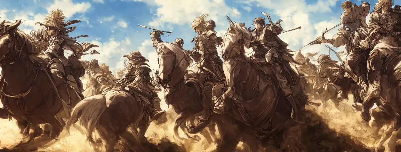 Prompt: calvary soldiers riding to their deaths on the battlefield. hyperrealistic anime background illustration by kim jung gi, extremely detailed faces, intricate linework, smooth, super sharp focus, bright colors, high contrast, matte, octopath traveler, studio ghibli, unreal engine 5 highly rendered, global illumination, radiant light
