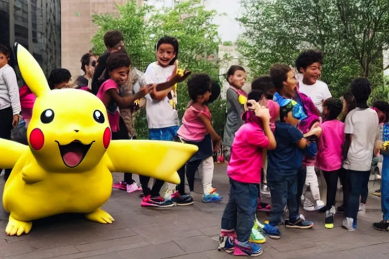 Prompt: a group of children are crowded around a life size pikachu and they looking directly it and they are laughing at it