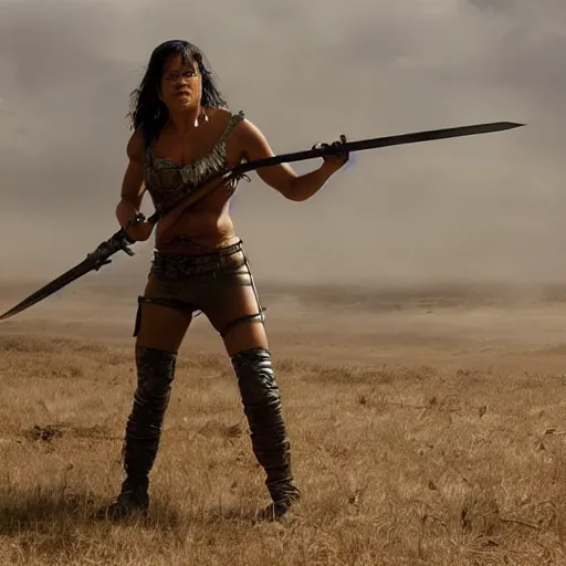 Image similar to Michelle rodriguez as an amazone warrior killing soldiers with her spear, cinematic lighting, high quality 8k hd, oil on canvas, hyperralistic art