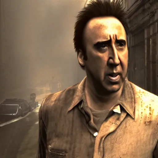 Image similar to angry nicolas cage attacking with a pipe in silent hill, ultra detailed, 8 k